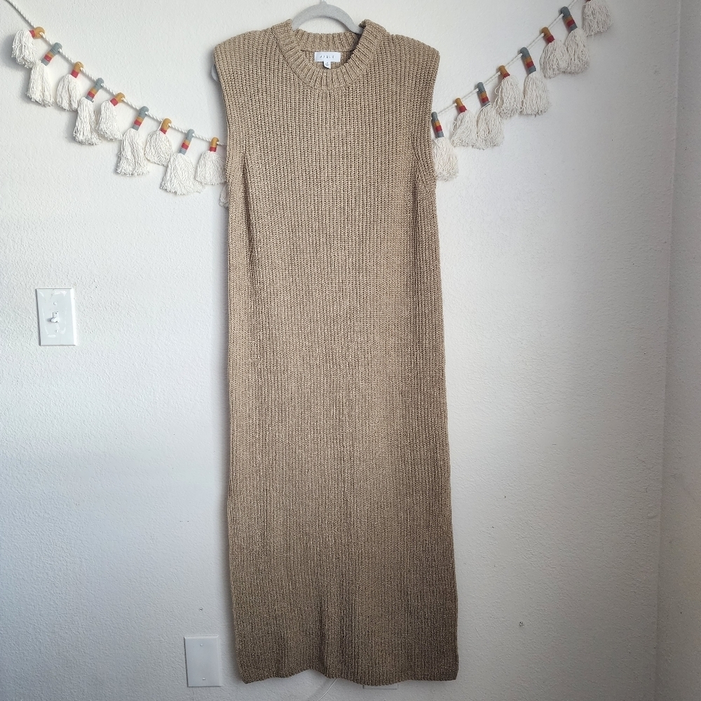 Mable Cable Open Knit Beige Tan High Neck Padded Maxi Dress Boho Modest Neutral